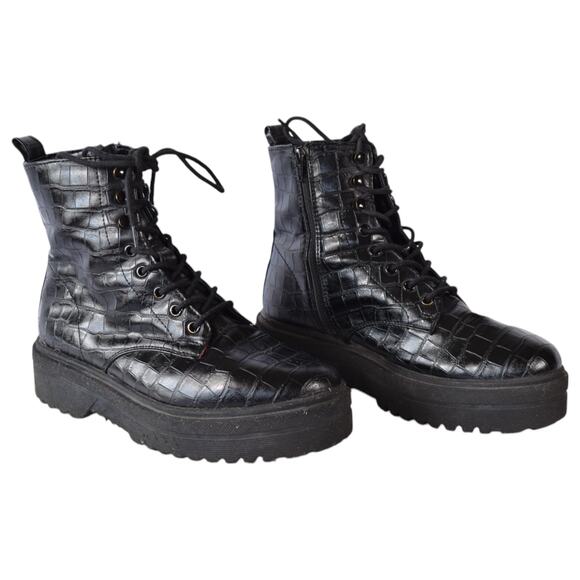 Simply Be. Black Croc Faux Leather Platform Combat Boots Size 7 Extra Wide - Picture 4 of 9